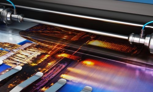 3D render illustration of printing photo banner on large format color plotter in typography or print house printshop